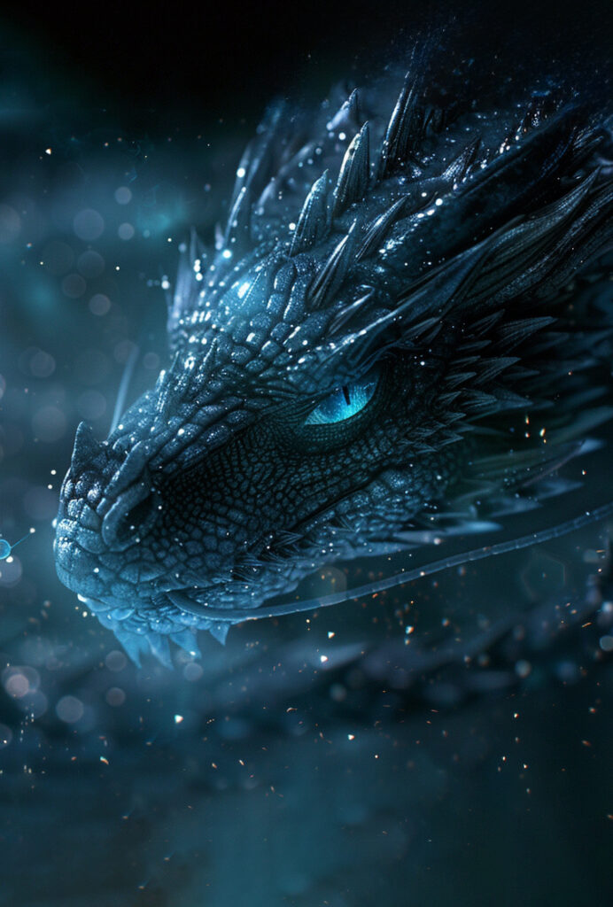 close up headshot of a dark blue dragon in it's hoard.
